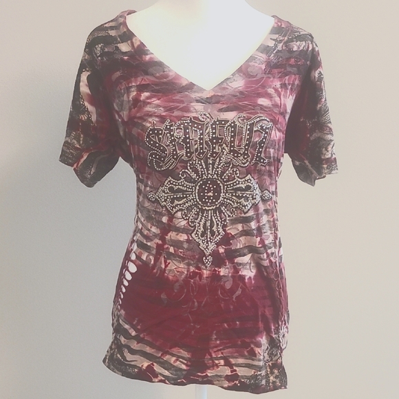Sinful By Affliction Dark Pink Short Sleeve T-Shirt - Picture 1 of 5